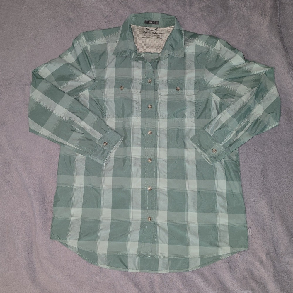 Eddie Bauer Mens Performance Classic Fit Buttons Up Green Plaid Shirt Size Small